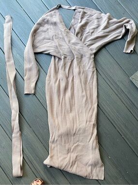 Midi Maternity Wrap Knit Dress in Taupe with Self-Tie Belt